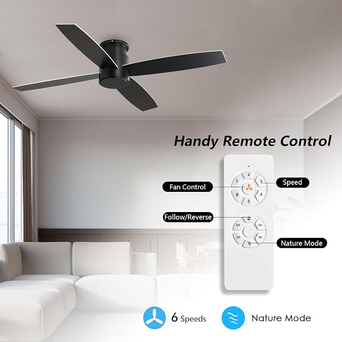 WINGBO 44" Flush Mount DC Ceiling Fan without Lights, 4 Reversible Plywood Blades, Quiet 6-Speed DC Motor, Hugger Low Profile Ceiling Fan No Lights for Bedroom, Black Finish