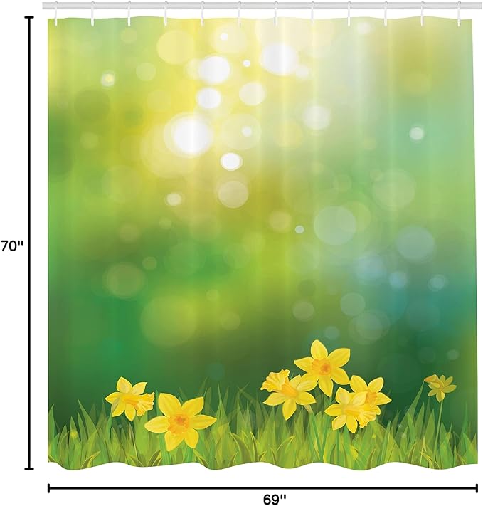 Ambesonne Daffodils Shower Curtain, Fresh Daffodil Flowers on Spring Sun Beams Blurred Background Print, Cloth Fabric Bathroom Decor Set with Hooks, 69" W x 70" L, Mustard Green