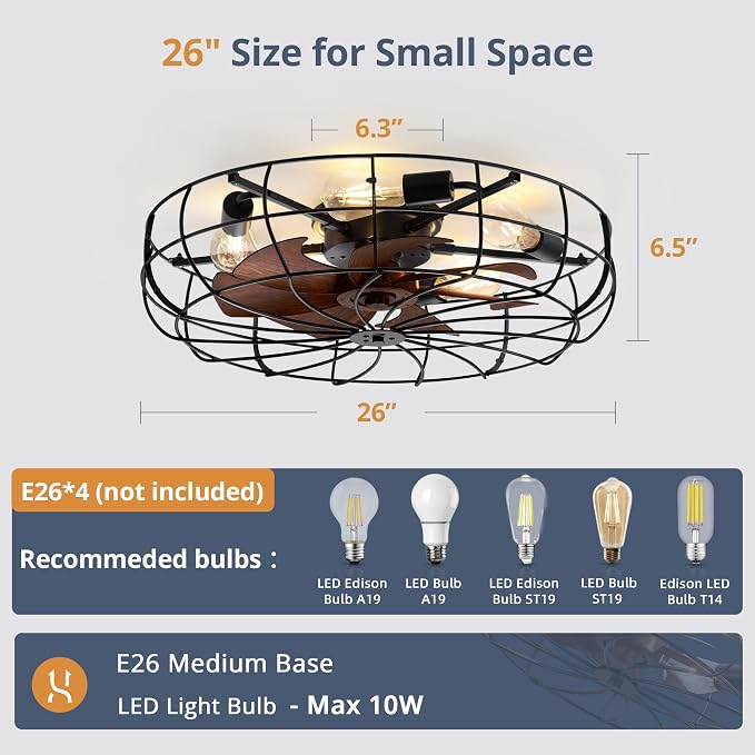 LEDIARY 26" Large Caged Ceiling Fans with Lights and Remote, Flush Mount Bladeless Low Profile, Farmhouse Industrial Enclosed Ceiling Fan for Bedroom, Kitchen, Indoor