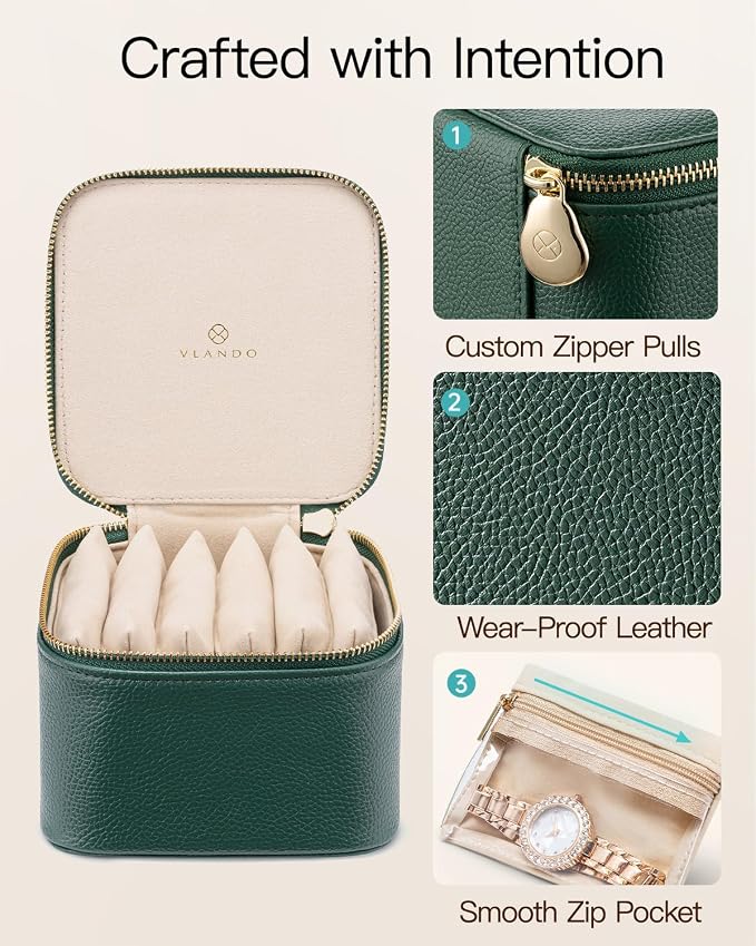 VLANDO Gifts for Teachers,Travel Jewelry Box with 6 Velvet Jewelry Zipper Pockets Jewelry Case Premium Petal Hardware Travel Jewelry Organizer Graduation Gifts (Green)
