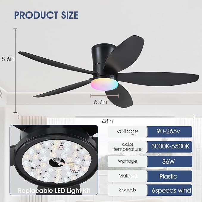 Surtime Flush Mount RGB Ceiling Fans with Lights-48 Low Profile Ceiling Fan with Light and Remote/APP Control,DC Reversible,LED Dimmable Blakc Ceiling Fans for Bedroom,Indoor/Outdoor Patio Use