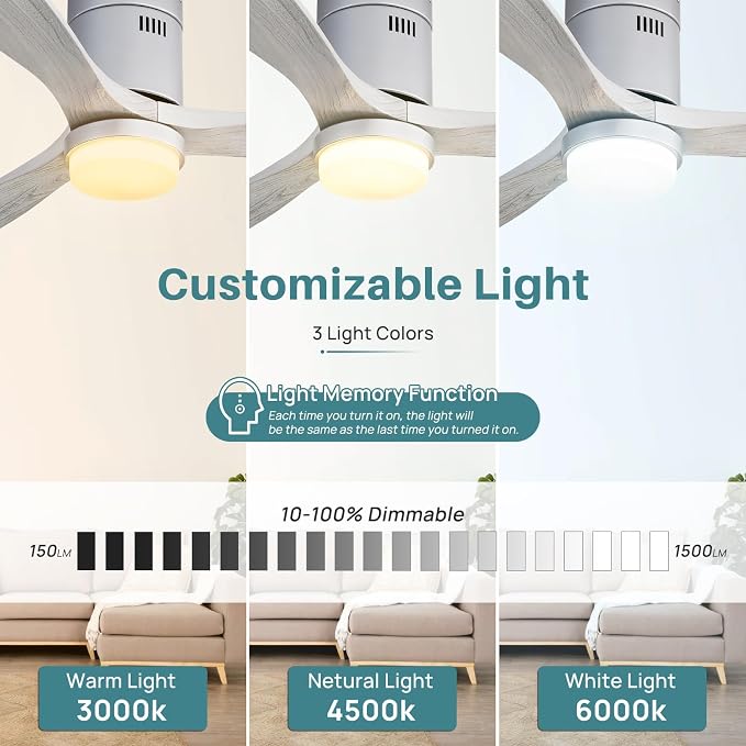Sofucor 52 Inch Smart Ceiling Fans with Lights-Flush Mount Low Profile Modern Outdoor Solid Wood Ceiling Fans with Alexa/Google Assistant/APP/Remote Control for Bedroom/Farmhouse/Patio, Silver Grey