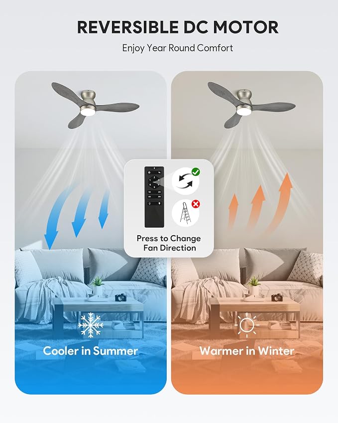 VONLUCE Wood Ceiling Fan with Lights, 42 Inch Flush Mount Ceiling Fan and Remote, 6-Speeds Quiet Reversible DC Motor, 3CCT, Natural Wood 3 Blades Outdoor Ceiling Fan for Patios Farmhouse, Nickel