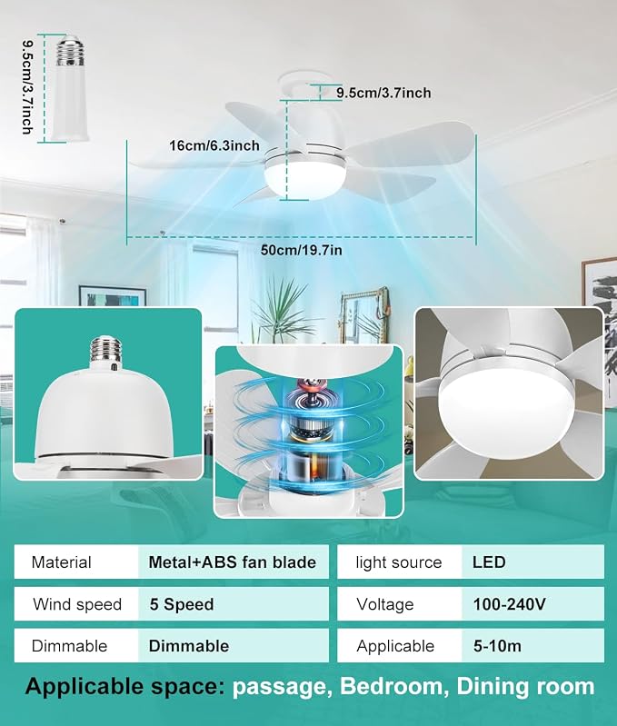 HK Socket Fan Light Small Ceiling Fan With Light and Remote, 20 Inch Screw-in for E26/E27 Base, 5 Speed Dimmable Mini for Bedroom Kitchen and Small Rooms, White
