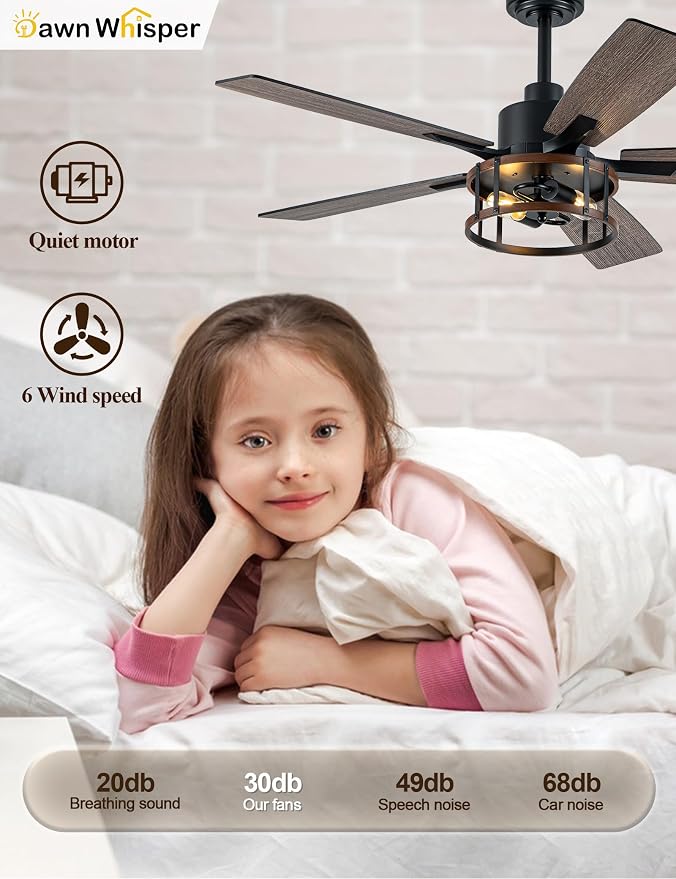Dawn Whisper Farmhouse Ceiling Fans with Lights 52 Inch Black Caged Rustic Ceiling Fan for Bedroom Living Room and Patio Reversible Quiet DC Motor 6 Speeds