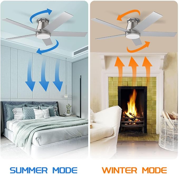 wurzee 52" Flush Mount Ceiling Fan Brushed Nickel Ceiling Fan 6 Speeds DC Reversible Motor, Timing, Dimmable, 5 Blades for Bedroom,Living, Dining Indoor Patio Porch Garage Shop