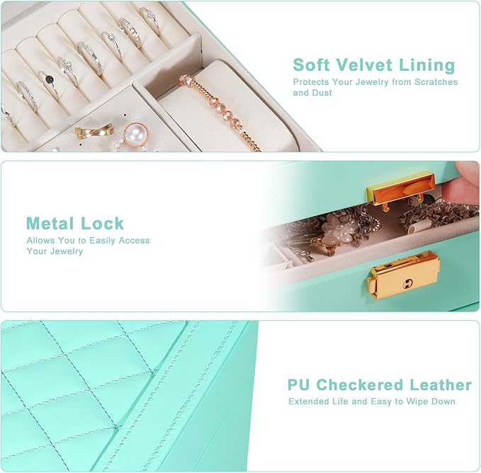 GUOER Jewelry Box for Women Girls, Two Layers Jewelry Organizer (Teal) | Vintage Quilting Stitching PU Leather, Earrings Bracelets Rings Necklace Watches Storage Large Jewellery Holder Case Gifts