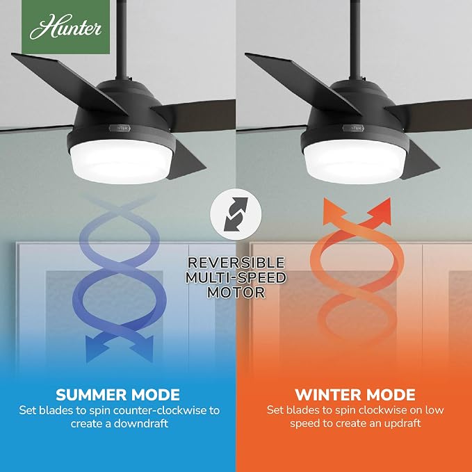 Hunter Dempsey, Indoor, Ceiling Fan, Modern, 4 Blades, 44 inch, Matte Black | with LED Light and Remote Control, Standard Mount, For Bedroom, Living Room, Kitchen, 52391