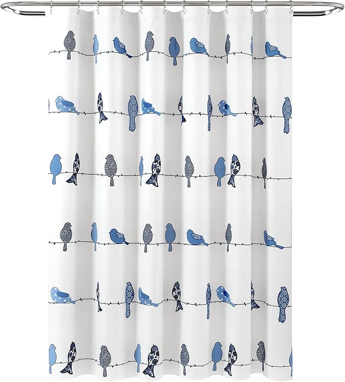 Lush Decor Rowley Birds Shower Curtain, 72” W x 72” L, Navy - Colorful Floral Bird Pattern - Whimsical & Playful Bird Shower Curtain - Farmhouse, Coastal, & Boho Bathroom Decor