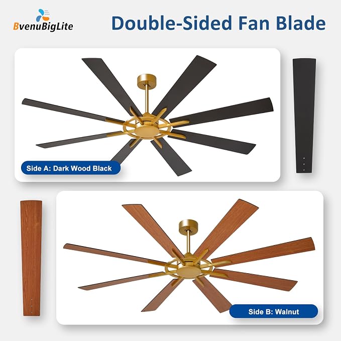 Large Ceiling Fan No Light: Modern 72 Inch 8 Blade Outdoor Ceiling Fans with Remote APP Control - Black Gold Big Fan without Light Indoor Reversible 6 Speed Quiet DC Motor