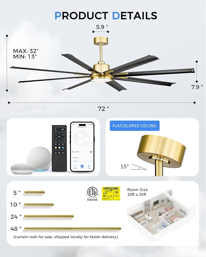 Industrial Ceiling Fan With Light,72 Inch Black & Gold Ceiling Fan With 8 Aluminium Metal Blades,Works with Voice Control,Ideal for Covered Outdoor Spaces,CF04BGB-72