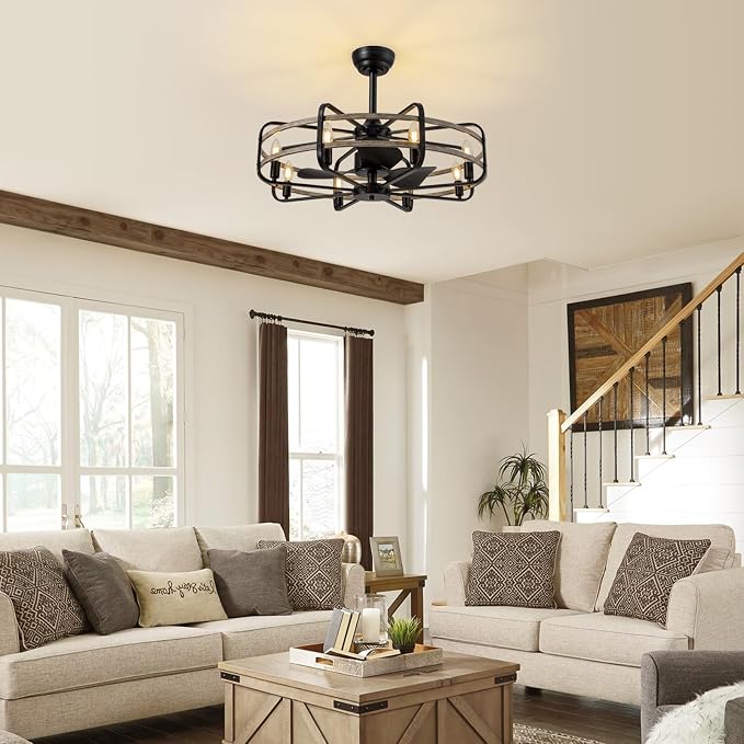 NOXARTE 30 Inch Caged Ceiling Fan with Light, Bladeless Farmhouse Ceiling Fan with Remote 6 Speed Reversible Industrial Fandelier for Living Room Bedroom Kitchen