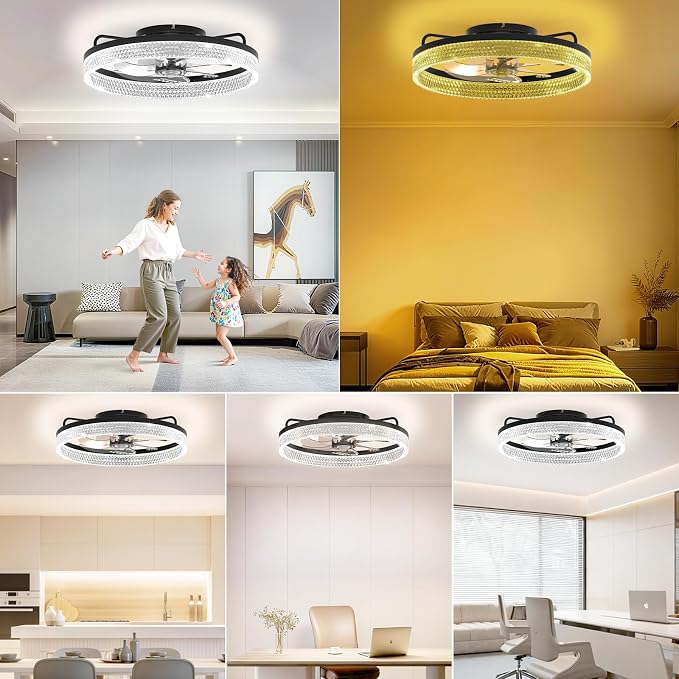 20" Ceiling Fan with Lights, Flush Mount Ceiling Fans, Ceiling Fans with Lights and Remote, 6 Speeds Dimmable Ceiling Lights with Fans, Quiet Modern Ceiling Fan for Bedroom Living Room