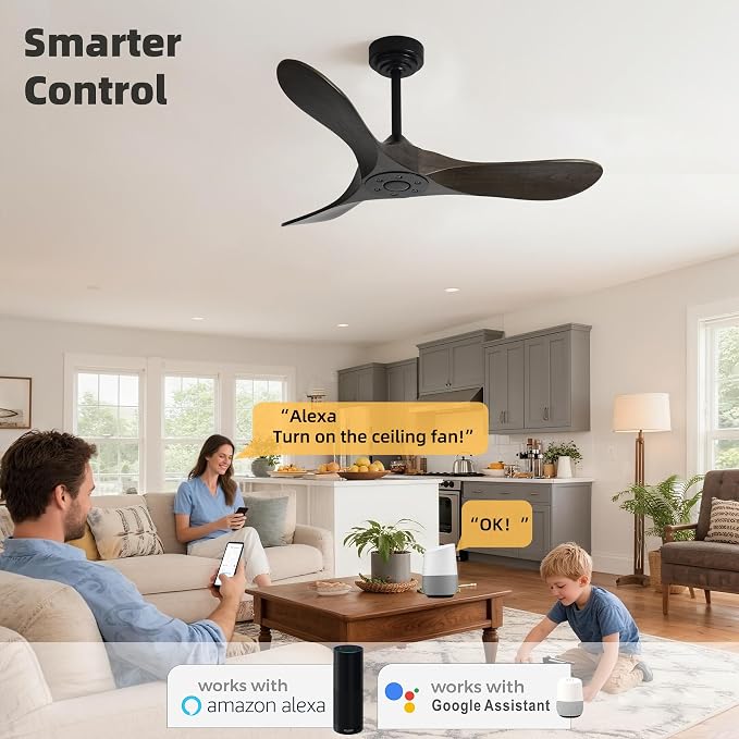 Outdoor Ceiling Fan Without Light, 42Inch Smart Ceiling Fan with Remote & Voice Control for Compatible with Alexa/Google, 3-Blade Wood Fan, Quiet DC Motor, 6 Speeds for Patio, Porch, Farmhouse