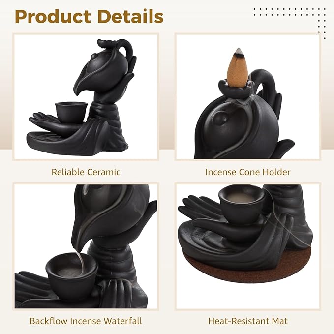 Buddha Hand Backflow Incense Burner, Ceramic Smoke Waterfall Burner with 100 Incense Cones, Tweezers, Mat, Meditation Home Decor