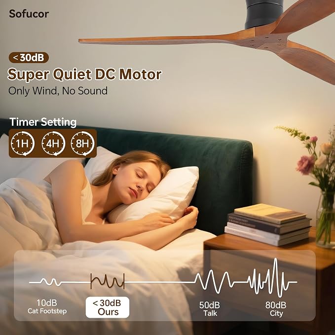 Sofucor 52" Solid Wood Ceiling Fan No Light, Low Profile Flush Mount Ceiling Fan with Remote, Outdoor Modern Ceiling Fan 6-Speed Timing Reversible DC Motor Noiseless for Living Room Bedroom Patio