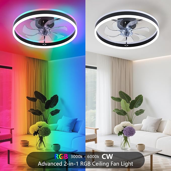 STERREN RGB Ceiling Fan with Light, 20'' Low Profile Ceiling Fans, Black Flush Mount LED Fan Light with Remote Control, Modern Bladeless Fandelier for Bedroom, Living Room, Kitchen