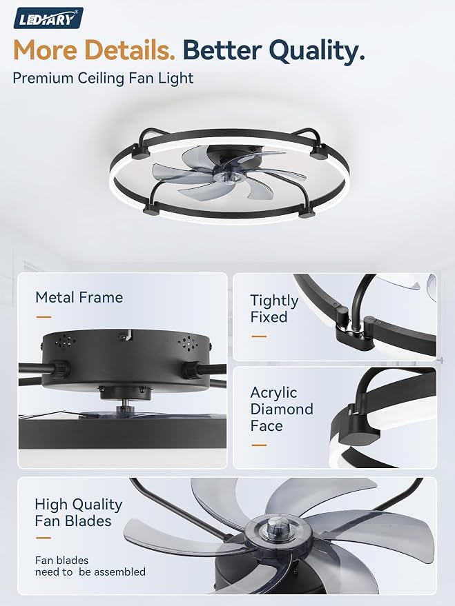 LEDIARY 30" Ceiling Fans with Lights and Remote, Low Profile,Large, Black | 3000K-6000K Stepless Dimmable Fandelier, Reversible DC Motor, Remote and APP Control, Bedroom Kitchen Living Room Fan Light