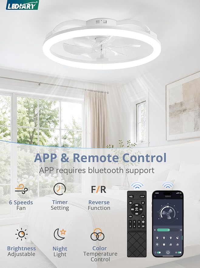 LEDIARY 23 Inch Ceiling Fans with Lights and Remote, Dimmable Fan Light | 6 Speed, Reversible, APP & Remote Control, Low Profile Flush Mount Ceiling Fan for Bedroom, White