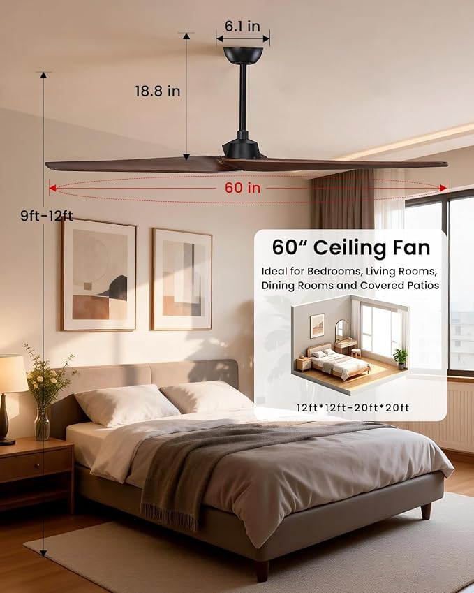 Skylike 60in Modern Wood Ceiling Fan No Light with Remote for Bedroom-Dark | Real Wood Blades, Quiet DC Motor,Reversible,Beep-Off Function,6 Speeds,3 Timers,12" downrod,Indoor and Outdoor