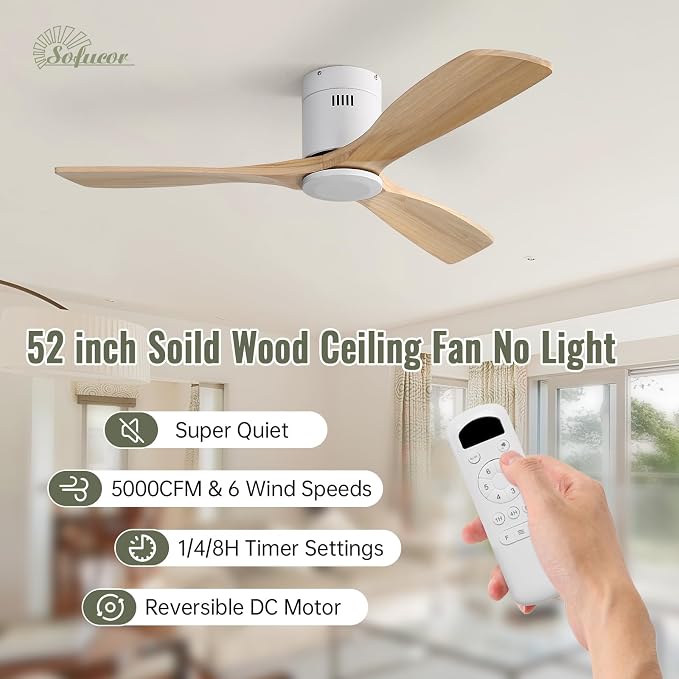 Sofucor 52 Inch Low Profile Ceiling Fans No Light, Modern Flush Mount Solid Wood Ceiling Fan with Airflow 5000CFM, Quiet DC Motor, 6 Speeds, Timer & Reversible for Bedroom Living Room,ETL,Natural Wood