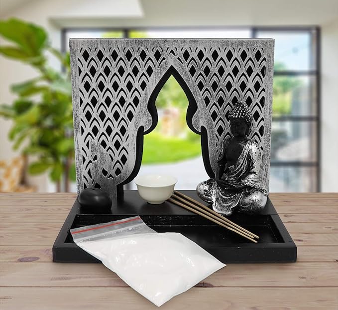 Zen Garden Candle Holder Home Decor - Buddha Incense Stick Holder Office Desk Accessories - Zen Garden Sand Office Decor - Buddha Statue Table Top - 12" x 12"