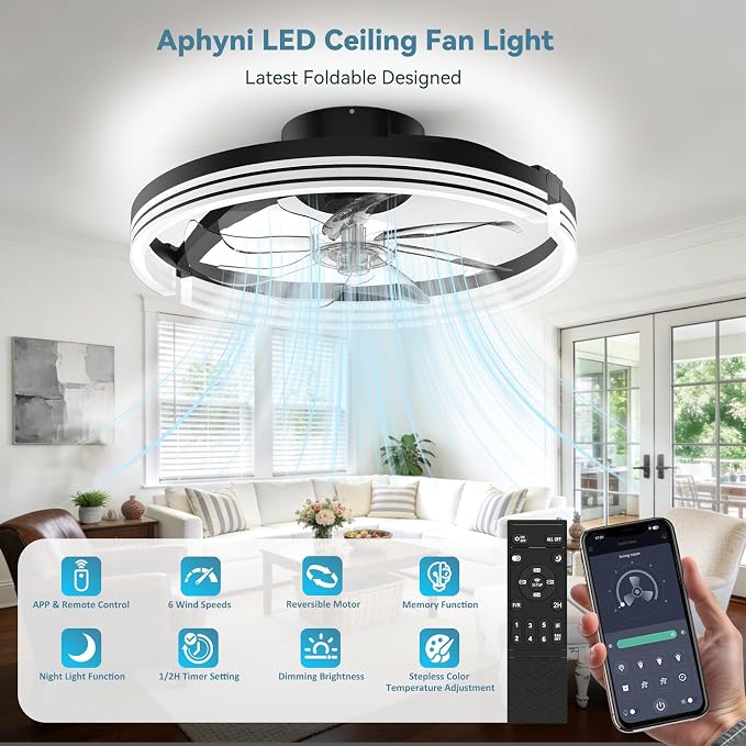 AIKVSXER Ceiling Fans with Lights and Remote, 20'' Low Profile Ceiling Fan with APP Control, 3000K-6500K Dimmable, Quiet Reversible DC, Modern Flush Mount Fandelier for Bedroom (Black-Stripe)