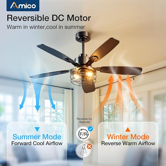 Amico 52 inch Ceiling Fans with Lights, Caged Ceiling Fan with Light and Remote Control, Dimmable, 3CCT, Quiet, Black Farmhouse Ceiling fan For Living Room, Bedroom, Kitchen, Patio Indoor/Outdoor Use