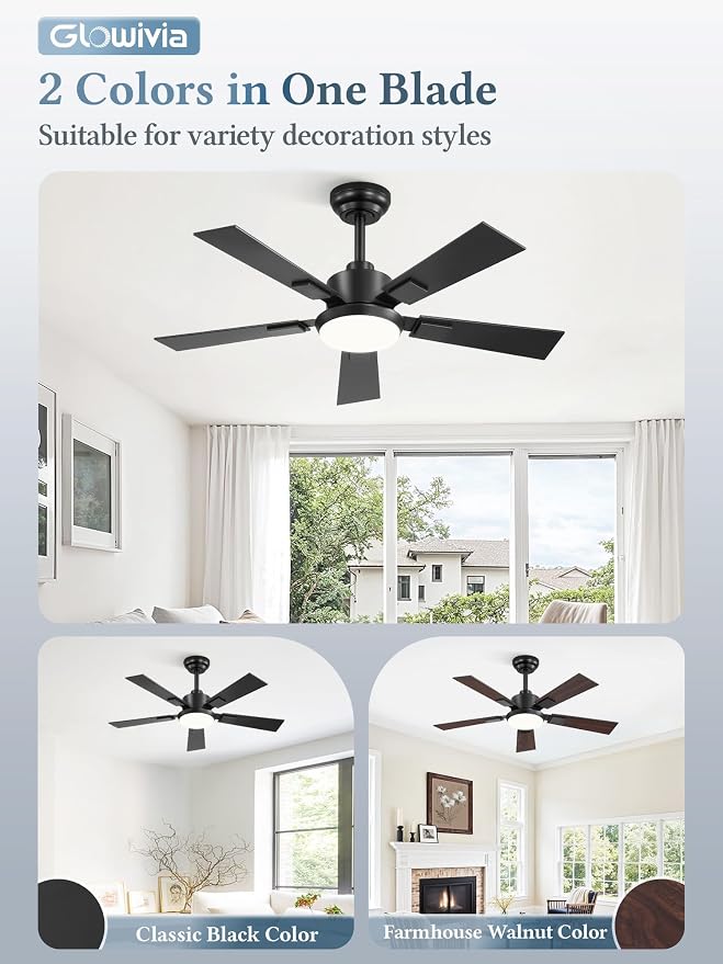 42 Inch Ceiling Fans with Lights and Remote&APP Control, Black Smart Ceiling Fan with 3000-6000K Dimmable, 6 Speeds Quiet Reversible Motor, Indoor/Outdoor Ceiling Fan for Bedroom Living Room