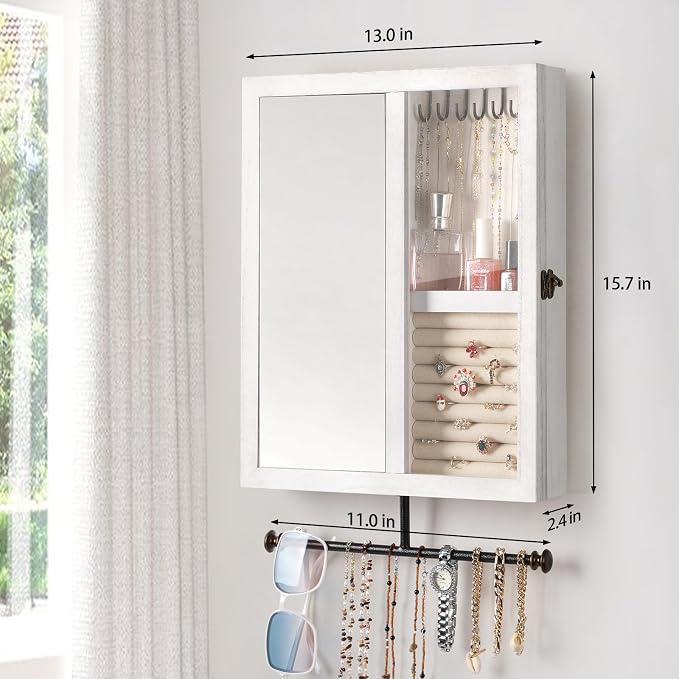 Keebofly Wall Jewelry Organizer Cabinet with Mirror,Rustic Wood Storage for Necklaces, Earrings, Bracelets & Rings, Large-Capacity Hanging Cabinet – White