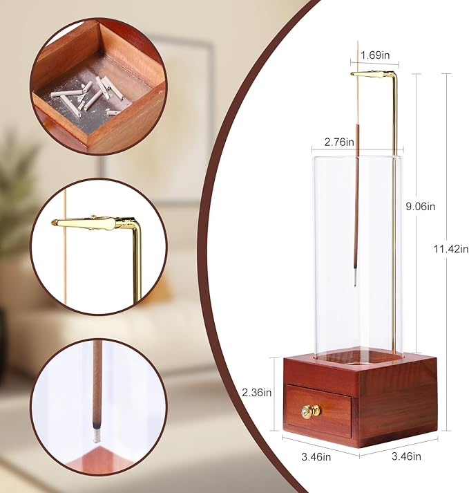 Wooden Incense Holder for Sticks with Drawer,Windproof Glass Tube, Fireproof Stainless Steel Base, Wood Incense Burner for Meditation, Yoga, and Spa (20 Sticks Included)