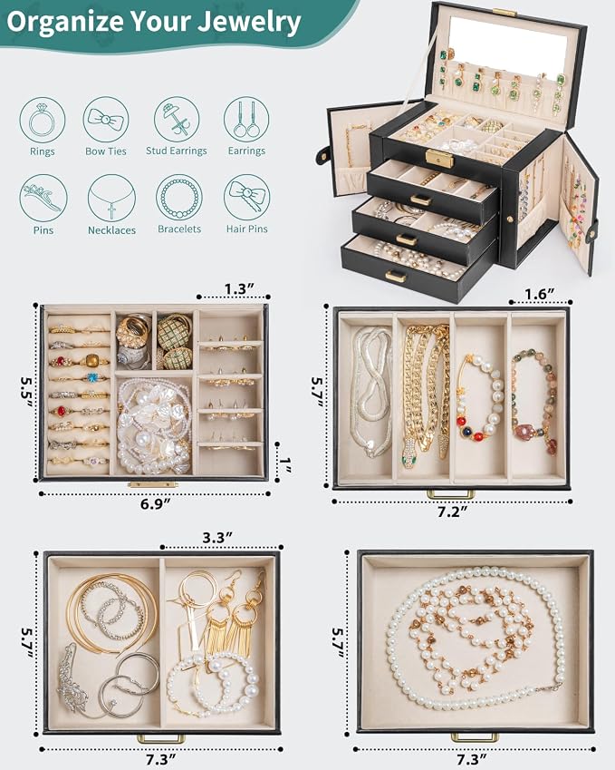 AKOZLIN Large 4-Tier Jewelry Box Leather Jewelry Storage Organizer with 3 Drawers Lockable for Women Girls Ring Necklace Earring Bracelet Watches Holder with Mirror Black