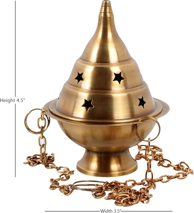 Brass Hanging Incense Burner Censer for Charcoal & Resin, Antique Brass Incense Holder with Chain, 4.5 Inch High