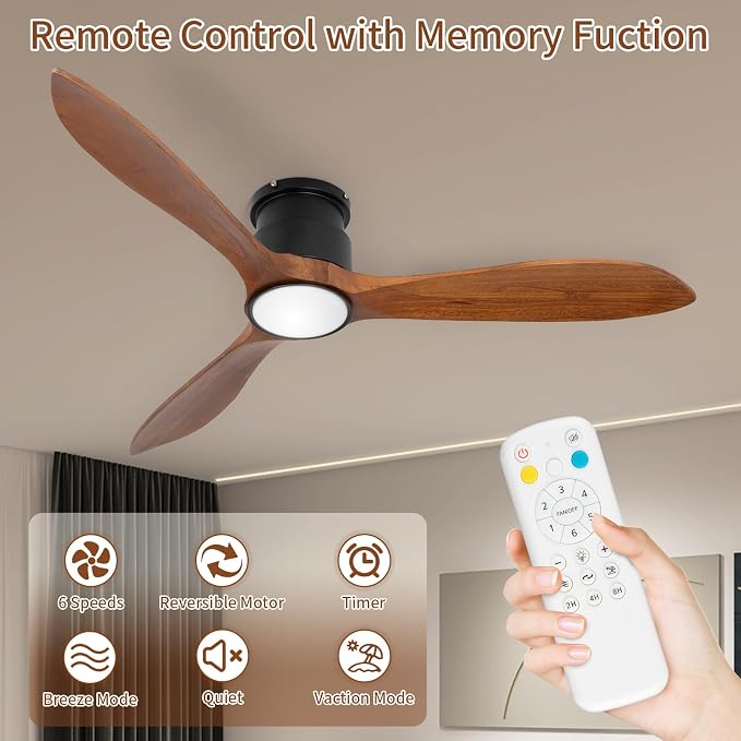 52" Low Profile Ceiling Fan, Flush Mount Ceiling Fan with Lights Remote Control, DC Motor with Wood Blades, 6-Speed & Timer for Bedroom/Living Room/Walnut Wood