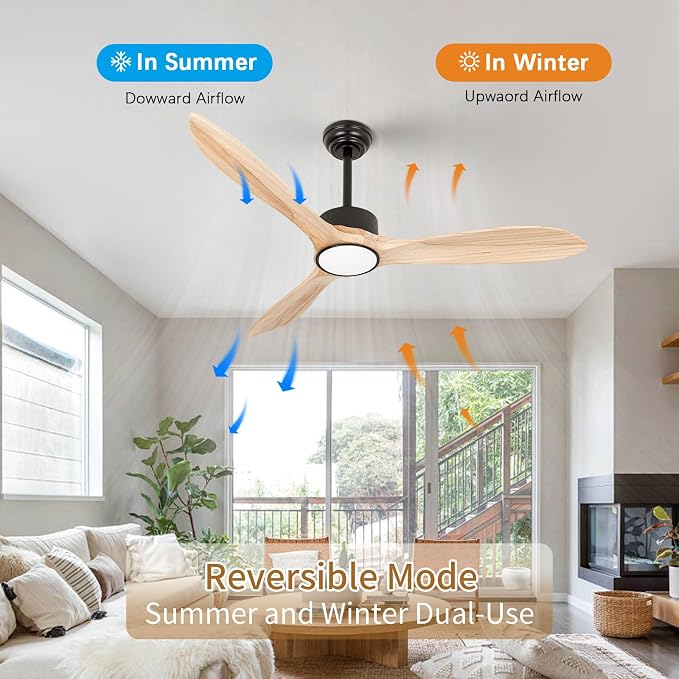 Wood Ceiling Fan with Lights,52Inch Ceiling Fans with Remote Control,Dimmable Light,3 CCT,6 Speeds,Noiseless DC Motor,2 downrod,Ceiling Fan for Bedroom,Living Room,Indoor