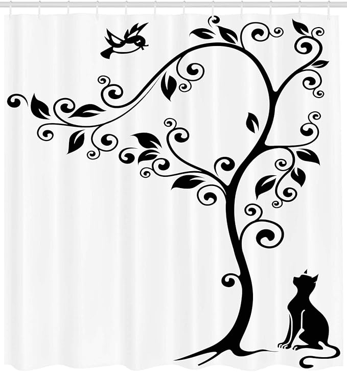 Ambesonne Cat Shower Curtain, Silhouette of Kitty Under Tree and Birds on Swirled Branches Illustration, Cloth Fabric Bathroom Decor Set with Hooks, 69" W x 75" L, White and Black