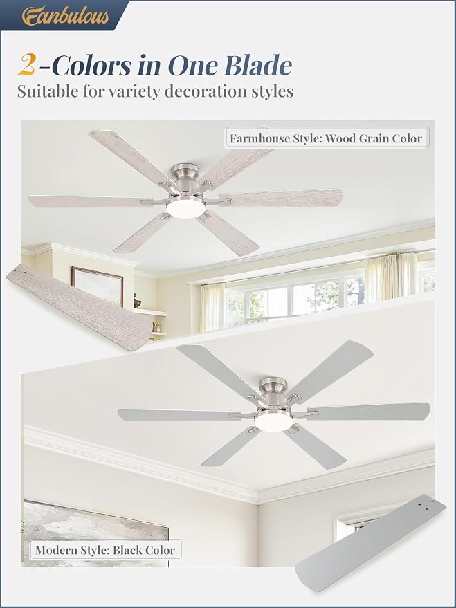 Fanbulous 60 Inch Ceiling Fan with Lights, APP & Remote Control, Flush Mount Low Profile Brushed Nickel Ceiling Fan, 3000-6000K Dimmable LED, Quiet Reversible Motor, 6 Speeds, for Living Room Bedroom