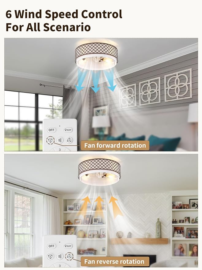 20" Farmhouse Rustic Flush Mount Ceiling Fan with Light, Brown Ceiling Fans with Lights Low Profile, Enclosed with Remote Control 6 Speeds for Living Room, Bedroom, Nursery