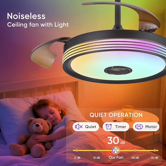 FIDGRA 48'' Retractable Ceiling Fan with Light, Bluetooth Modern Ceiling Fans with Speaker, RGB LED Lights, 6 Speeds, Reversible Motor for Bedroom, Living Room, Party-Black