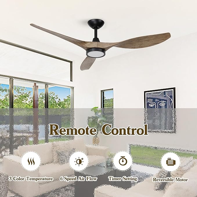 Roomratv Ceiling Fans with Lights,52 Inch,Quiet & Strong Motor,6 Speeds,3CCT,Timer,Easy to Install,Black Modern Ceiling Fan for Living Room,Bedroom,Kitchen,Office,Farmhouse,Patios