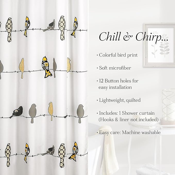 Lush Decor Rowley Birds Shower Curtain, 72” W x 72” L, Yellow & Gray - Colorful Floral Bird Pattern - Whimsical & Playful Bird Shower Curtain - Farmhouse, Coastal, & Boho Bathroom Decor