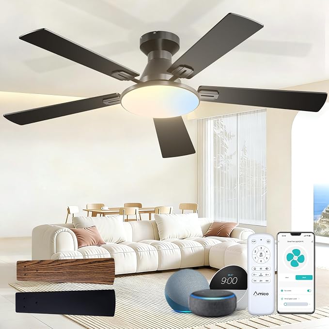 Amico Ceiling Fans with Lights, 52 inch Smart Ceiling Fan with Remote/APP/Alexa Control, Flush Mount, Reversible DC Motor, 5 Blades, 6 Speeds, 3CCT, Dimmable, Noiseless, Bedroom, Living Room, Black