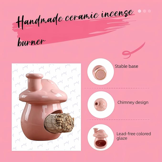 Mushroom Incense Holder, Ceramic Palo Santo Holder – Suitable for Burning Sage & Palo Santo - Mini Chimenea-Style Burner, an Incense Burner for Spiritual Meditation, Yoga or Home Decoration