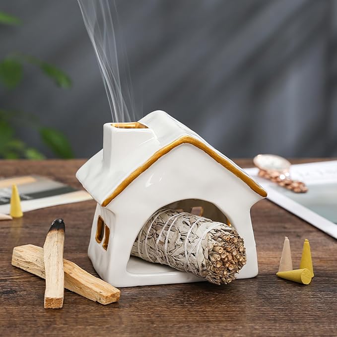 Palo Santo Holder Chimney, Sage Holder for Burning, Palo Santo Burner, Sage Burner, Ceramic Christmas Cabin&Mini Chiminea Incense Burner, House Tea Light Burner, Smudge Bowl, Incense Holder