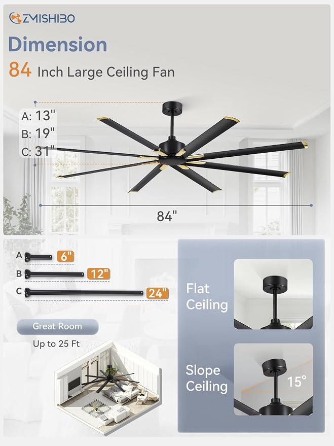 ZMISHIBO 84 Inch Industrial DC Motor Ceiling Fan, Large Ceiling Fan with 8 Reversible Blades, 3 Downrods, 6-Speed Remote Control, Home or Commercial Ceiling Fans for Porch/Garage/Shop, Black and Gold