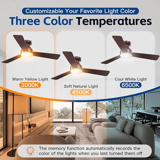 Ceiling Fans with Lights, 42 Inch Ceiling Fan with Light And Remote, 3CCT Flush Moun Low Profile Ceiling Fans, 6 Speed Noiseless LED Ceiling Fan, Advanced Brown Ceilings Fan for Bedroom Living Room