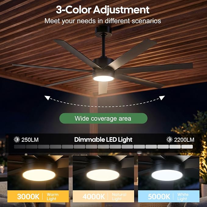 All Weather Wet-Rated Outdoor Ceiling Fan with Lights Waterproof for Patio, 56 Inch High CFM Black Outdoor Fan with UV Coating 7 Blades for Large Exterior indoor Gazebo Terraces, Porch, Commercial