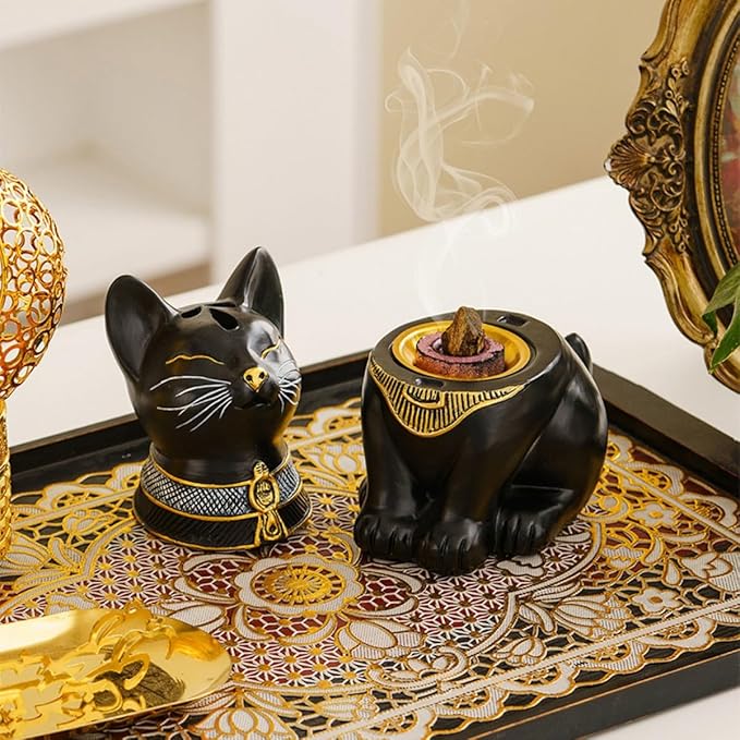 Egyptian Cat Statue Incense Burner, Vintage Resin Meditating Cat Incense Cone Holder, Home Office Aromatherapy Decor for Zen Yoga Spa (Black)