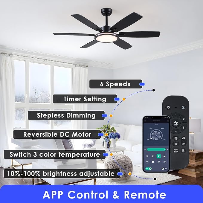 Hounber 52 Inch Ceiling Fans with Lights and Remote, Black Ceiling Fan with 6 Blades Dual Finish, 3CCT, Dimmable, Quiet DC Reversible Motor, Ceiling Fan Modern for Bedroom, Patio, Living Room