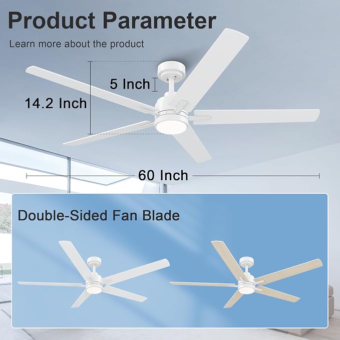 60 Inch White Ceiling Fan with Light and Remote Control,Dimmable 3 Color Temperatures LED Ceiling Fan,6 Speeds Reversible DC Motor,5 Blades Modern Ceiling Fans for Indoor or Covered Outdoor